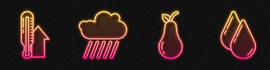 Pear 'ı, Meteoroloji termometresini yağmur ve su damlasıyla bulut hattını ayarla. Parlayan neon ikonu. Vektör.