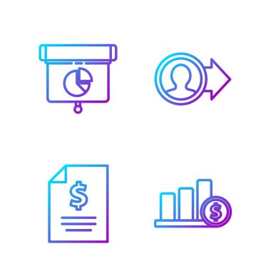 Çizgi çizelgesi, bilgi ve dolar, kontrat parası, grafik, grafik, diyagram, bilgi ve iş tanıtımı. Renk simgeleri. Vektör.