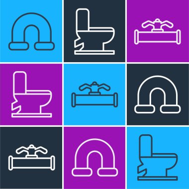 Endüstri hattı metalik boru, sanayi borusu, valf ve tuvalet klozeti ikonu. Vektör.