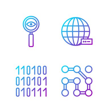 Çizgisel şifre koruması, ikili kod, büyüteç arama ve sosyal ağı ayarla. Renk simgeleri. Vektör.