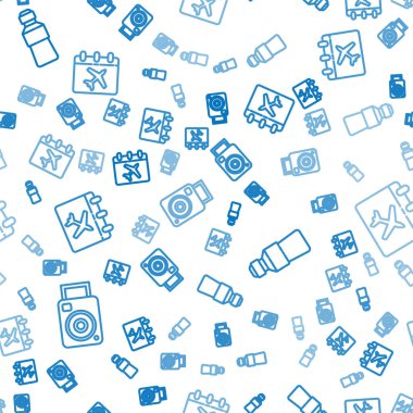 Fotoğraf makinesi, bir şişe su, takvim ve uçak hatlarını kusursuz bir şekilde ayarlayın. Vektör.