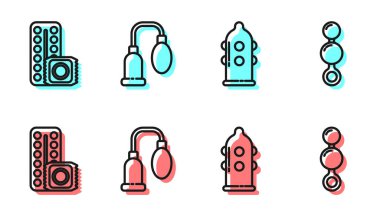 Set line Condom, Birth control pills and condom, Penis pump and Anal beads icon. Vector.