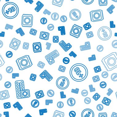 Doğum kontrol hapları ve prezervatif, artı 18 film ve prezervatifi pakette kusursuz bir şekilde güvenli seks için ayarla. Vektör.