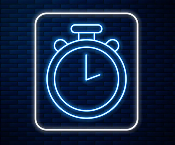 Glowing Neon Line Stopwatch Icon Isolated Brick Wall Background Time — Stock Vector
