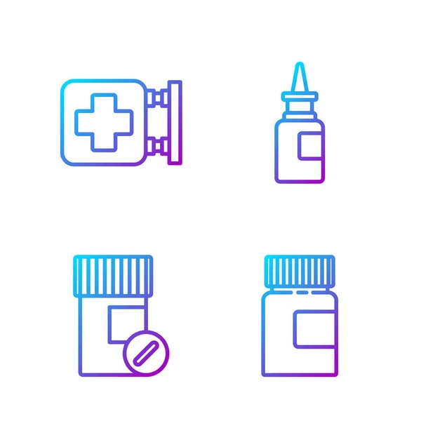 设置线药瓶 医院标牌 瓶鼻喷雾器 明亮的色彩图标 — 图库矢量图片