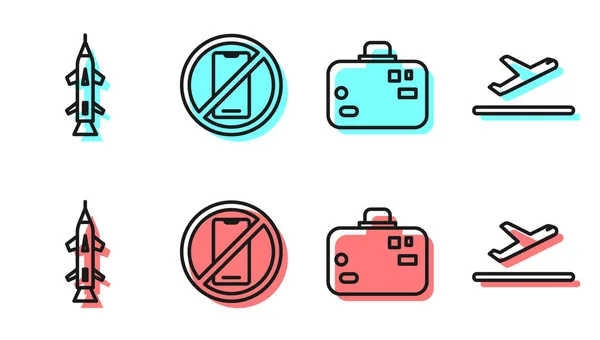 Set Line Suitcase Rocket Cell Phone Plane Takeoff Icon Vector — Stock Vector