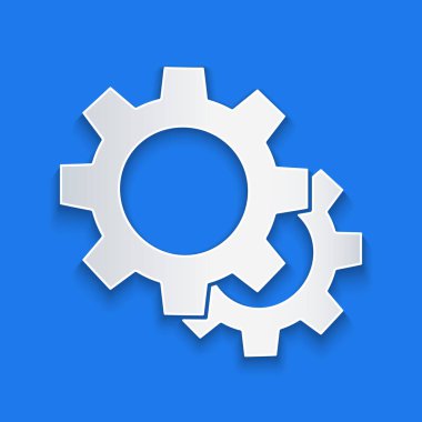 Kağıt kesiği Vites simgesi mavi arkaplanda izole edildi. Çarklı teçhizat ayarları. İşçi sembolü. Kağıt sanatı tarzı. Vektör İllüstrasyonu.