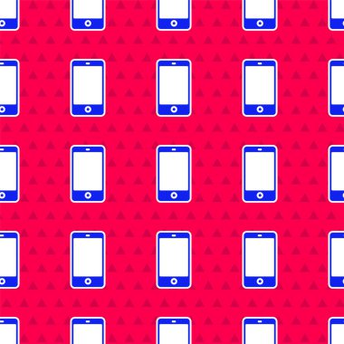 Mavi Akıllı Telefon, cep telefonu simgesi kırmızı arka planda izole edilmiş kusursuz desen. Vektör İllüstrasyonu.