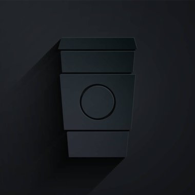 Kağıt, kahve fincanını siyah arka planda izole etmek için kesmiş. Kağıt sanatı tarzı. Vektör İllüstrasyonu.