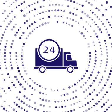 Mavi Hızlı beyaz arka planda izole edilmiş araba ikonu ile 24 saat teslimat. Soyut çember rastgele noktalar. Vektör İllüstrasyonu.