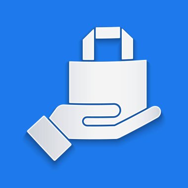 Kağıt kesiği Online sipariş ve fast food dağıtım ikonu mavi arka planda izole edildi. Kağıt sanatı tarzı. Vektör İllüstrasyonu.