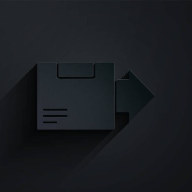 Kağıt kesiği karton kutu simgesi siyah arkaplanda izole edilmiş. Kutu, paket, paket işareti. Teslimat ve ambalaj. Kağıt sanatı tarzı. Vektör İllüstrasyonu.