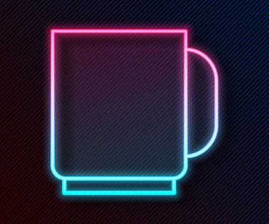 Parlayan neon hattı kahve fincanı simgesi siyah arka planda izole edilmiş. Çay fincanı. Sıcak içecek kahvesi. Vektör İllüstrasyonu.