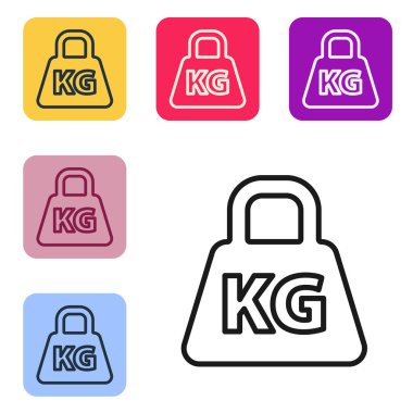 Beyaz arkaplanda siyah çizgi ağırlık simgesi izole edildi. Kilogram ağırlık kaldırmak ve ölçmek için ağırlık bloğu. Kütle sembolü. Renkli kare düğmelerle simgeleri ayarla. Vektör İllüstrasyonu.