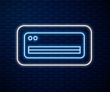 Parlayan neon hattı klima ikonu tuğla duvar arka planında izole edildi. Sistemin havalandırmasını böl. Soğuk ve soğuk iklim kontrol sistemi. Vektör İllüstrasyonu.