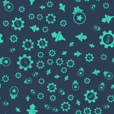 Satış hunisini okla, Madalyayı yıldızla, Zaman Yönetimi 'ni ve Seo' yu dişli tekerlekle kusursuz desenle ayarla. Vektör.