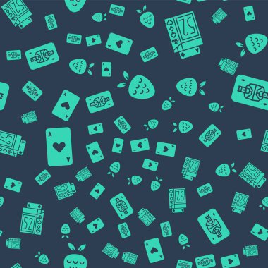 Kumarhane kumar makinesini çilekle, iskambil destesiyle, kalple kağıt oynayarak ve King 'i de elmaslarla oynayarak ayarlayın. Vektör.