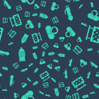 Set Pills for potency, aphrodisiac, Dildo vibrator, Condom safe sex and Sex shop on seamless pattern. Vector.