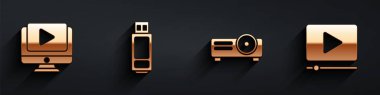 Online oynatma videosu, USB flash disk, Movie, film, medya projektörü ve Online video simgesini uzun gölgeli oynat. Vektör.