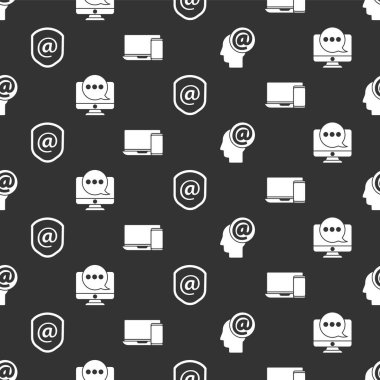 E- posta ve e-postayı ayarla, sohbet mesajlarını monitörden bildir, posta ve e-posta ile Shield 'ı ve Monitör' ü ve telefonu sorunsuz bir şekilde ayarla. Vektör.