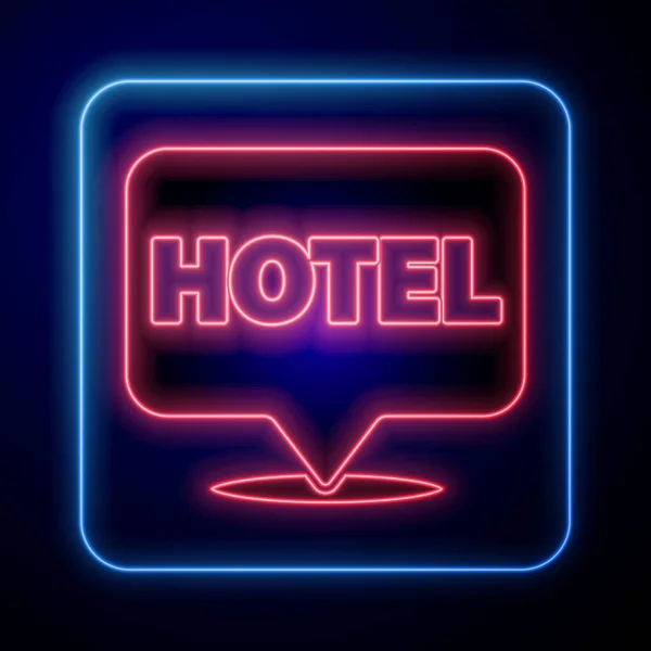 Glowing Neon Location Hotel Icon Isolated Blue Background Concept Symbol — Stock Vector