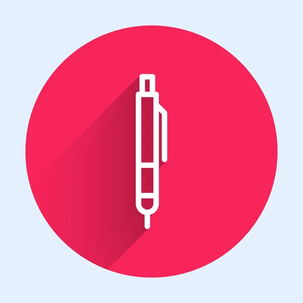 Піктограма Білої Лінії Пен Ізольована Довгою Тінь Кнопка Червоного Кола — стоковий вектор