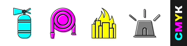 Feuerlöscher Schlauchtrommel Feuer Brennenden Gebäuden Und Sirenensymbol Vektor — Stockvektor