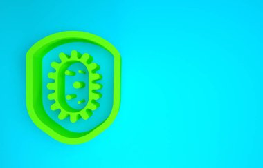 Mavi arka planda virüslerden, mikroplardan ve bakteri ikonlarından korunan Yeşil Kalkan. Bağışıklık sistemi konsepti. Corona virüsü 2019-nCoV. Minimalizm kavramı. 3d illüstrasyon 3B canlandırma