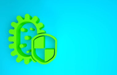 Mavi arka planda virüslerden, mikroplardan ve bakteri ikonlarından korunan Yeşil Kalkan. Bağışıklık sistemi konsepti. Corona virüsü 2019-nCoV. Minimalizm kavramı. 3d illüstrasyon 3B canlandırma