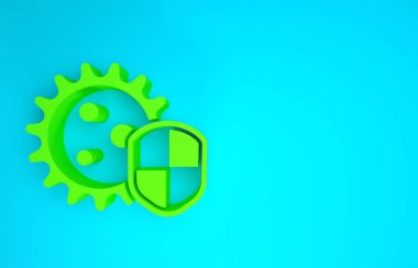 Mavi arka planda virüslerden, mikroplardan ve bakteri ikonlarından korunan Yeşil Kalkan. Bağışıklık sistemi konsepti. Corona virüsü 2019-nCoV. Minimalizm kavramı. 3d illüstrasyon 3B canlandırma