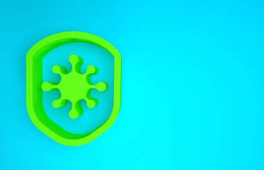 Mavi arka planda virüslerden, mikroplardan ve bakteri ikonlarından korunan Yeşil Kalkan. Bağışıklık sistemi konsepti. Corona virüsü 2019-nCoV. Minimalizm kavramı. 3d illüstrasyon 3B canlandırma