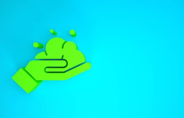 Mavi arka planda sabun ikonu olan yeşil yıkama elleri. Virüs ve bakterileri önlemek için ellerini sabunla yıkıyorsun. Minimalizm kavramı. 3d illüstrasyon 3B canlandırma