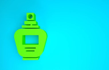 Mavi arkaplanda yeşil parfüm simgesi izole edildi. Minimalizm kavramı. 3d illüstrasyon 3B canlandırma