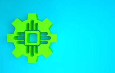 Mavi arkaplanda yeşil İşlemci simgesi izole edildi. İşlemci, merkezi işlem birimi, mikroçip, mikro devre, bilgisayar işlemcisi, çip. Minimalizm kavramı. 3d illüstrasyon 3B canlandırma