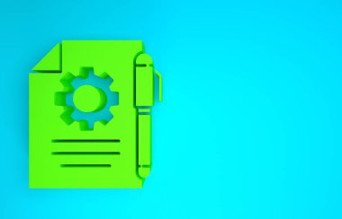 Mavi arkaplan üzerinde vites simgesi olan Yeşil Belge ayarları. Yazılım güncellemesi, transfer protokolü, takım çalışması araç yönetimi. Minimalizm kavramı. 3d illüstrasyon 3B canlandırma