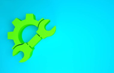 Yeşil İngiliz anahtarı ve vites simgesi mavi arkaplanda izole edildi. Ayarlama, servis, ayar, bakım, onarım, onarım. Minimalizm kavramı. 3d illüstrasyon 3B canlandırma
