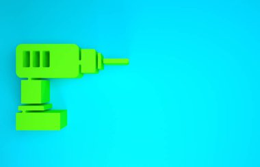 Mavi arkaplanda yeşil elektrikli matkap simgesi izole edildi. Tamir aleti. Minimalizm kavramı. 3d illüstrasyon 3B canlandırma