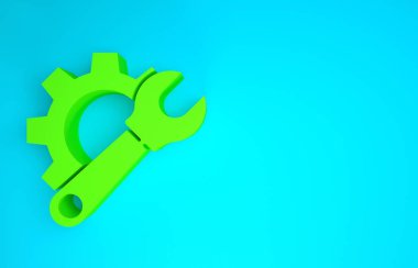 Yeşil İngiliz anahtarı ve vites simgesi mavi arkaplanda izole edildi. Ayarlama, servis, ayar, bakım, onarım, onarım. Minimalizm kavramı. 3d illüstrasyon 3B canlandırma