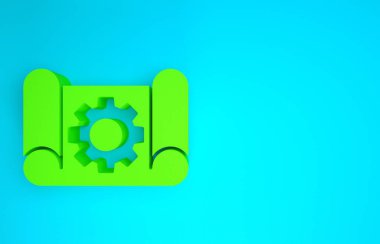 Mühendislik ve vites simgesi için yeşil çizelge kağıdı mavi arkaplanda izole edildi. Minimalizm kavramı. 3d illüstrasyon 3B canlandırma