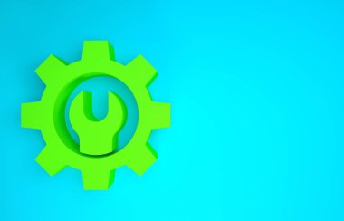 Yeşil İngiliz anahtarı ve vites simgesi mavi arkaplanda izole edildi. Ayarlama, servis, ayar, bakım, onarım, onarım. Minimalizm kavramı. 3d illüstrasyon 3B canlandırma