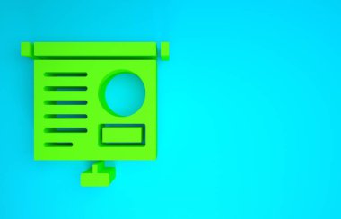 Grafik, çizelge, çizelge, diyagram, bilgi, turta grafik simgesi içeren yeşil sunum tahtası mavi arkaplanda izole edilmiş. Minimalizm kavramı. 3d illüstrasyon 3B canlandırma