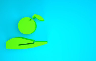Eldeki Yeşil Elma simgesi mavi arkaplanda izole edilmiş. Yaprak sembollü meyve. Minimalizm kavramı. 3d illüstrasyon 3B canlandırma