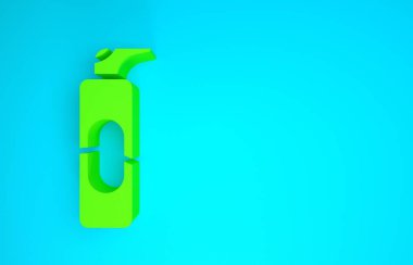 Saç spreyi için yeşil sprey kutusu, deodorant, terleme önleyici ikon mavi arka planda izole edilmiş. Minimalizm kavramı. 3d illüstrasyon 3B canlandırma