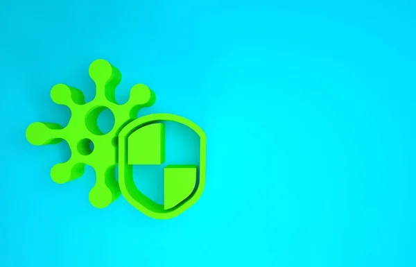 Green Shield protecting from virus, germs and bacteria icon isolated on blue background. Immune system concept. Corona virus 2019-nCoV. Minimalism concept. 3d illustration 3D render