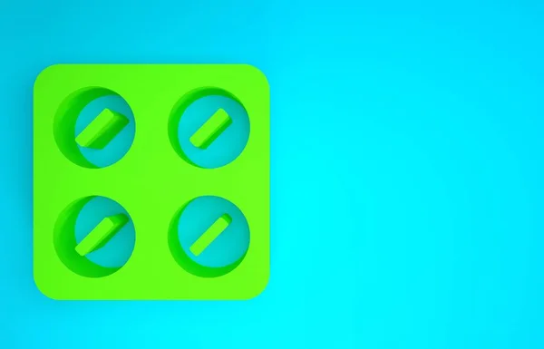 Pilules vertes en blister icône isolée sur fond bleu. Paquet de médicament médical pour comprimé, vitamine, antibiotique, aspirine. Concept de minimalisme. Illustration 3D rendu 3D — Photo