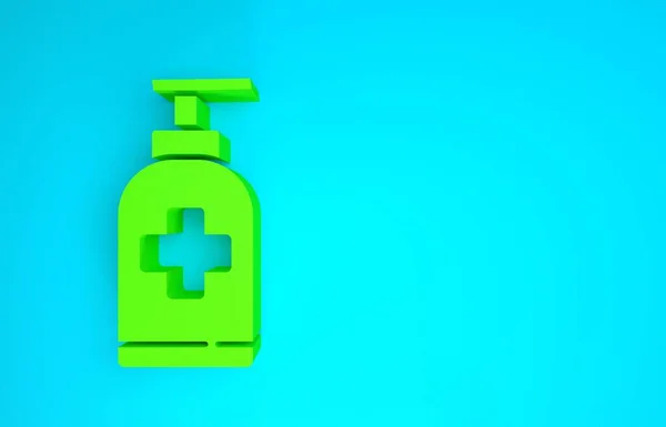 Garrafa verde de sabão antibacteriano líquido com ícone de dispensador isolado no fundo azul. Anti-séptico. Desinfecção, higiene, cuidados com a pele. Conceito de minimalismo. 3D ilustração 3D render — Fotografia de Stock