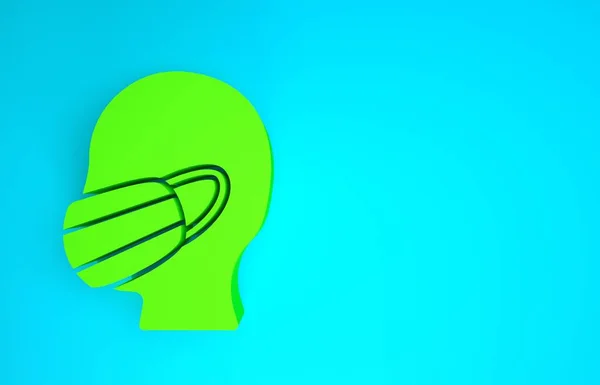Green Man Gesicht in einer medizinischen Schutzmaske Symbol isoliert auf blauem Hintergrund. Quarantäne. Minimalismus-Konzept. 3D Illustration 3D Renderer — Stockfoto