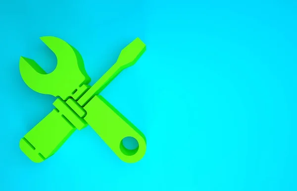 Sarung tangan hijau dan ikon perkakas kunci pas terisolasi pada latar belakang biru. Simbol alat servis. Konsep minimalisme. Tampilan 3D ilustrasi 3d — Stok Foto