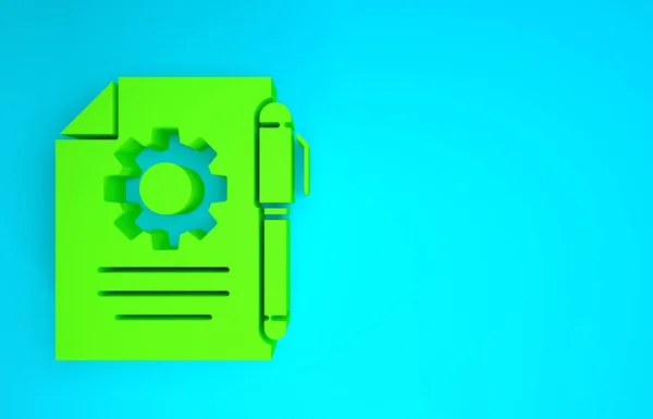 Зеленый Document setting with gears icon isolated on blue fone. Обновление программного обеспечения, протокол передачи, управление инструментами командной работы. Концепция минимализма. 3D-рендеринг — стоковое фото