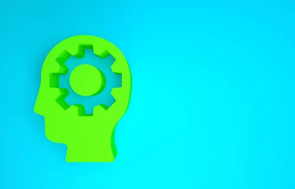 Зеленая человеческая голова с снаряжением внутри значок изолирован на синем фоне. Искусственный интеллект. Мыслящий мозг. Символическая работа мозга. Концепция минимализма. 3D-рендеринг — стоковое фото